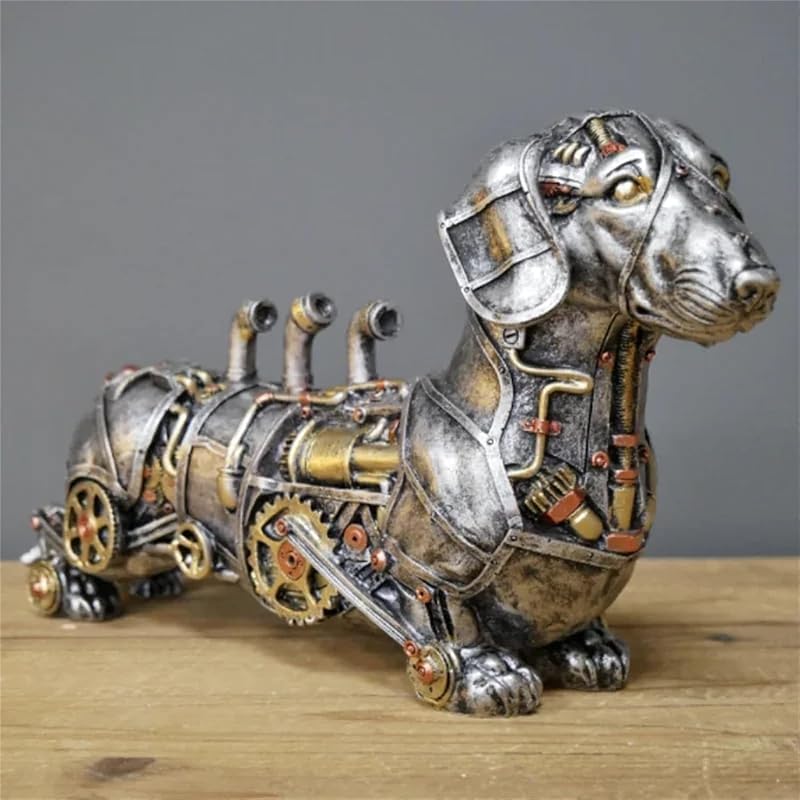 Dachshund Statue and Carved Sculpture Mechanical Punk Style Dachshund Statue Animal Statue Steampunk Modern Home Decor Resin Statue for Coffee Table,