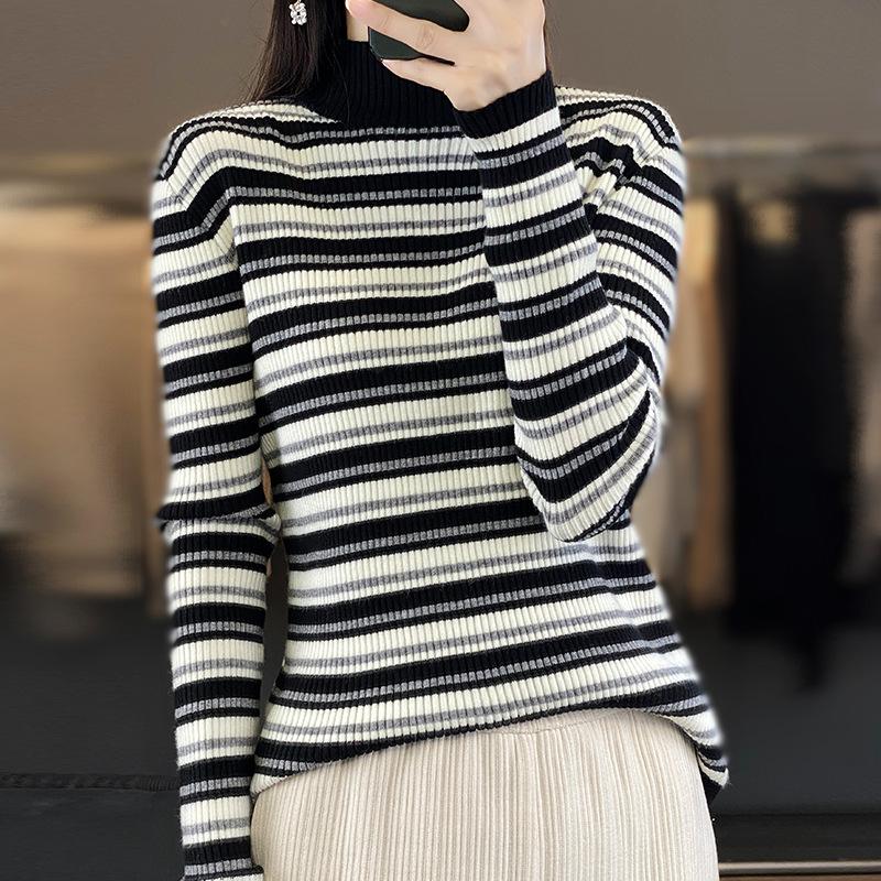 

Осень и зима новый женский вязаный свитер полосатый свитер женский полу-гольф контрастный базовый свитер женский партия M