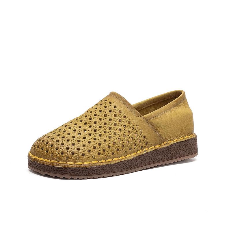 2026 Spring New Hollow Out Ventilated Slip On Soft Sole First Layer Cowhide Women Shoes