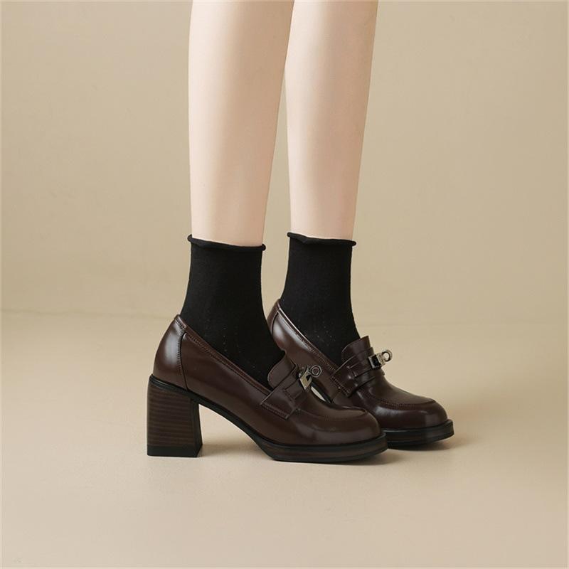 Treasure of the Town Store! Soft To Explode! Retro British JK Round Head Lock Thick Heel Loafers Deep High Heels Single Shoes