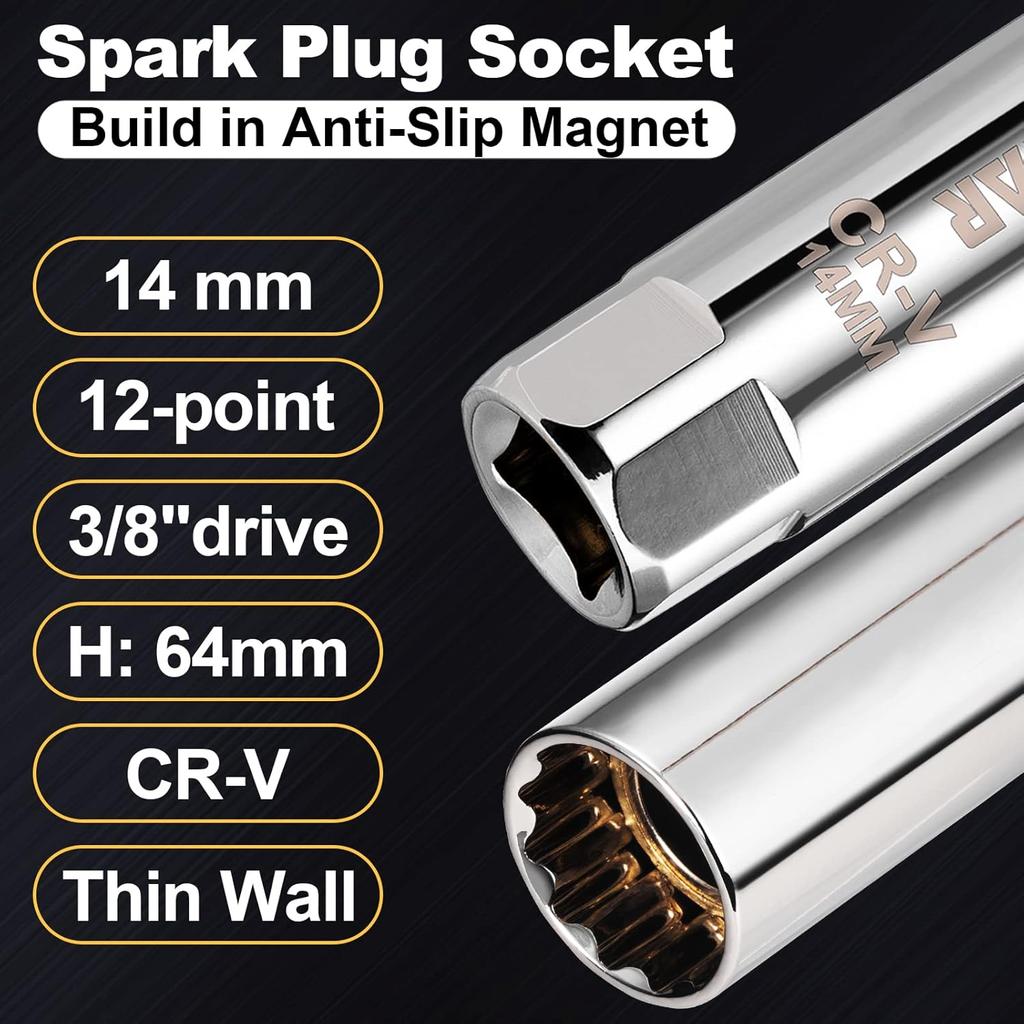 Spurtar 14mm Spark Plug Socket 3/8-inch Drive Thin Wall Magnetic Spark Plug Socket - 12-Point Design Compatible with BMW, Mercedes, Nissan, Mini