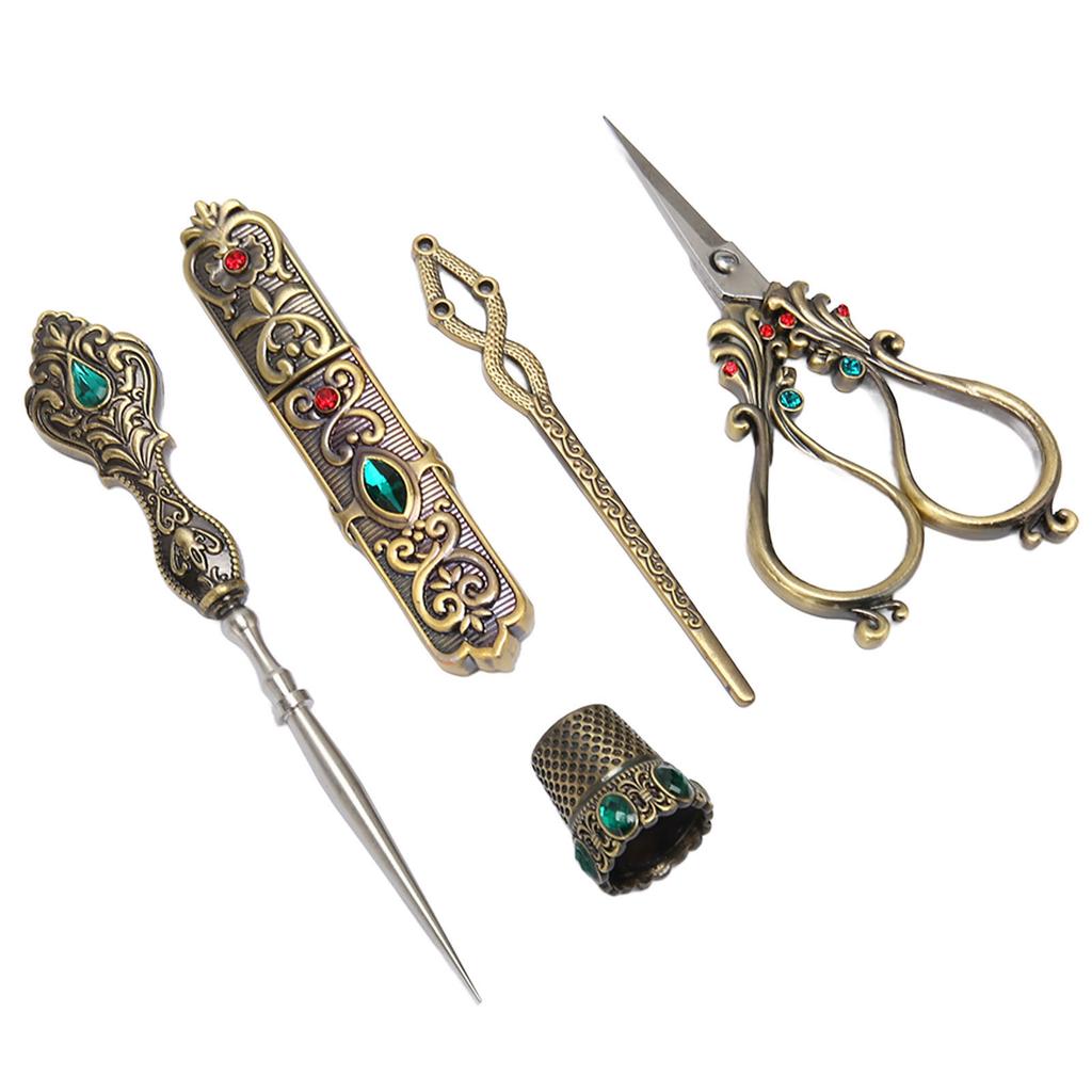 5pcs Embroidery Scissors Kit Alloy Vintage Sewing Kit with Thimble Threader Needle Case Punch