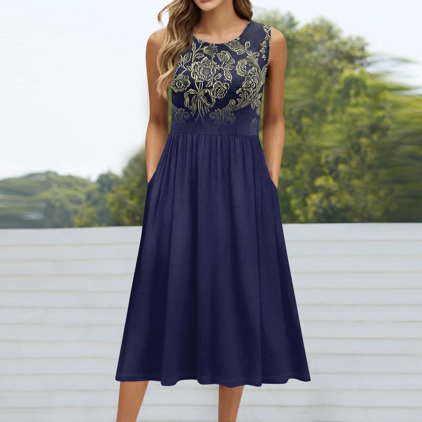 

Женское модное платье средней длины с круглым вырезом и принтом без рукавов XL темно-синий