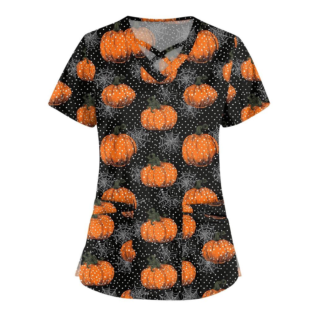 Women's Fashion Cross V Neck Short Sleeve Overalls Double Pockets Halloween Printed Tops Uniforms