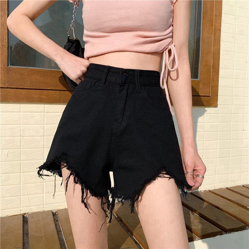 

Летние брюки Классика и минимализм Мода Wild Hole Женские летние свободные тонкие широкие шерстяные джинсовые шорты Индивидуальность и мода 5XL чёрный