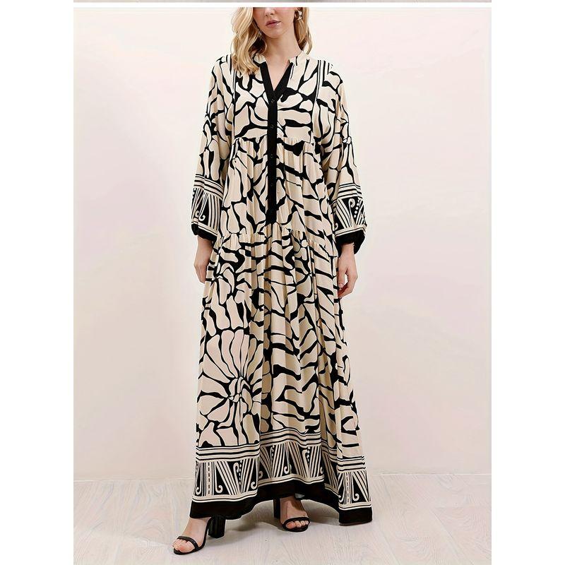 Western Style New Fashion Casual Loose Print Long Sleeve V-neck Dress Printed V-neck Dress