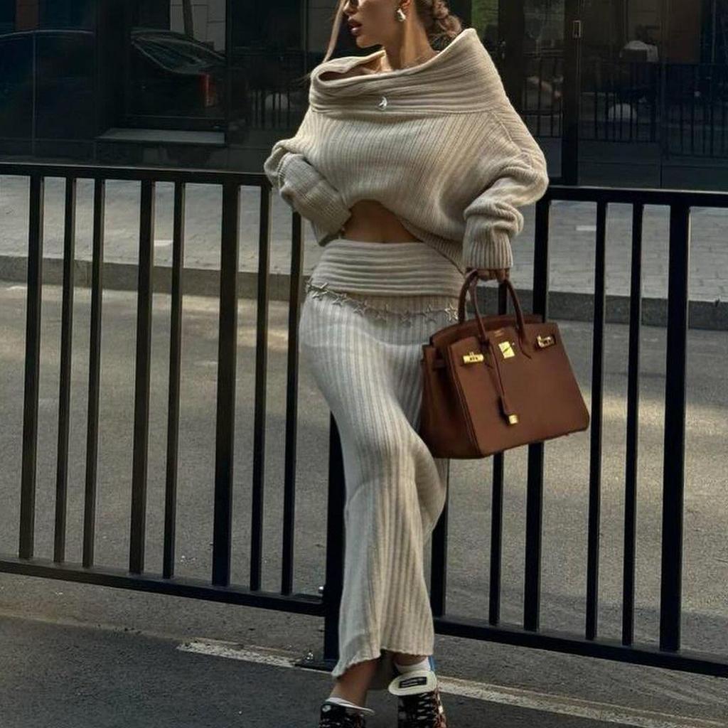 2024 European & American Style Off-the-Shoulder Knitted Sweater Two-Piece Set with Long Sleeves