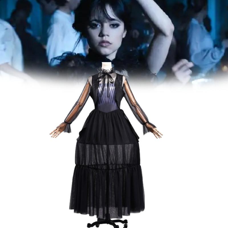 The Addams Family Wednesday Cosplay Costume With Black Hollow Out Dress For Halloween And Party