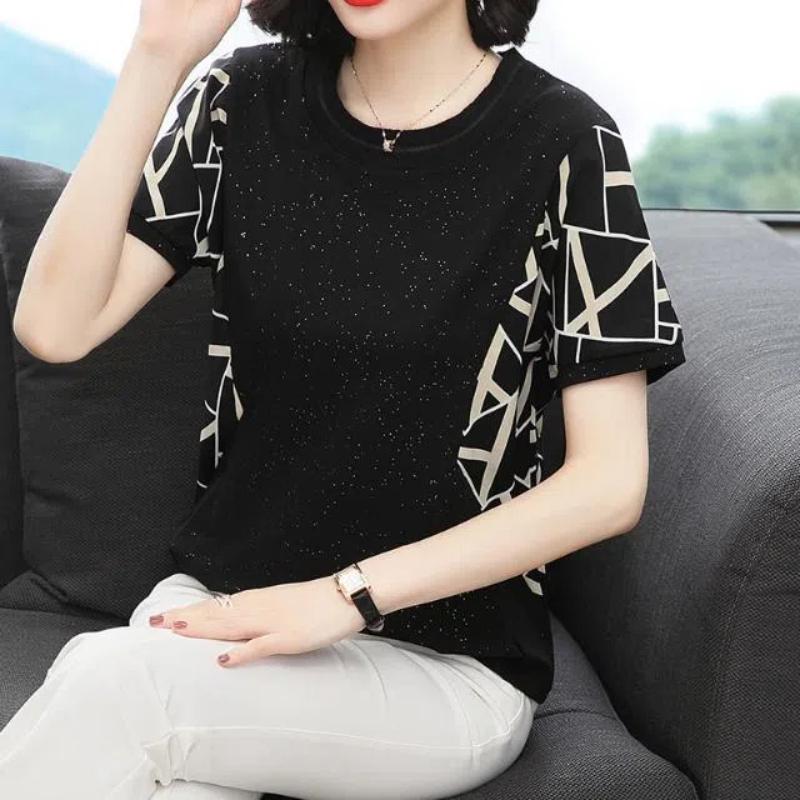 Women's Clothing Summer Short Sleeve Sequined Geometric Printing Crew Neck Pullover T-shirt Casual Fashion Elegant Trendy Tops