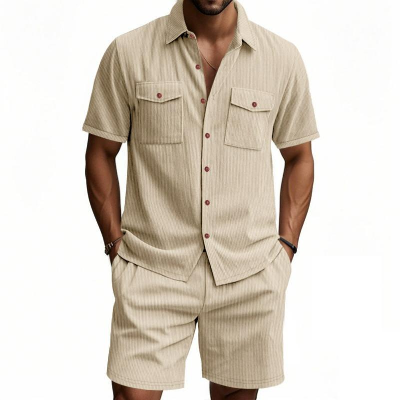 Summer Men's Solid Color Pocket Shirt, Short-sleeved Shorts, Two-piece Suit