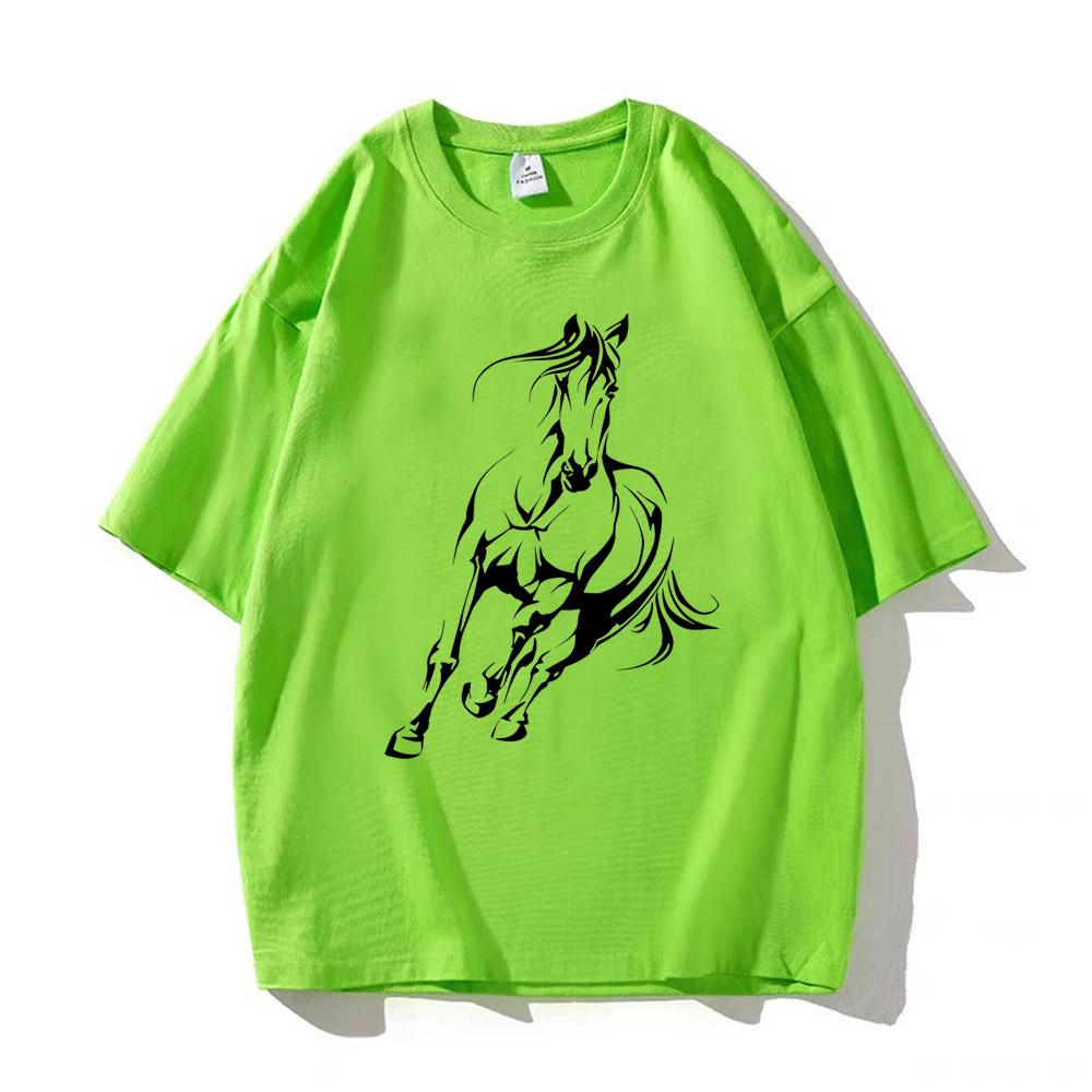 Men's Summer High Quality Cotton T Shirt Casual Loose Running Horse Pattern Printed Round Neck Short Sleeved T-shirt Top