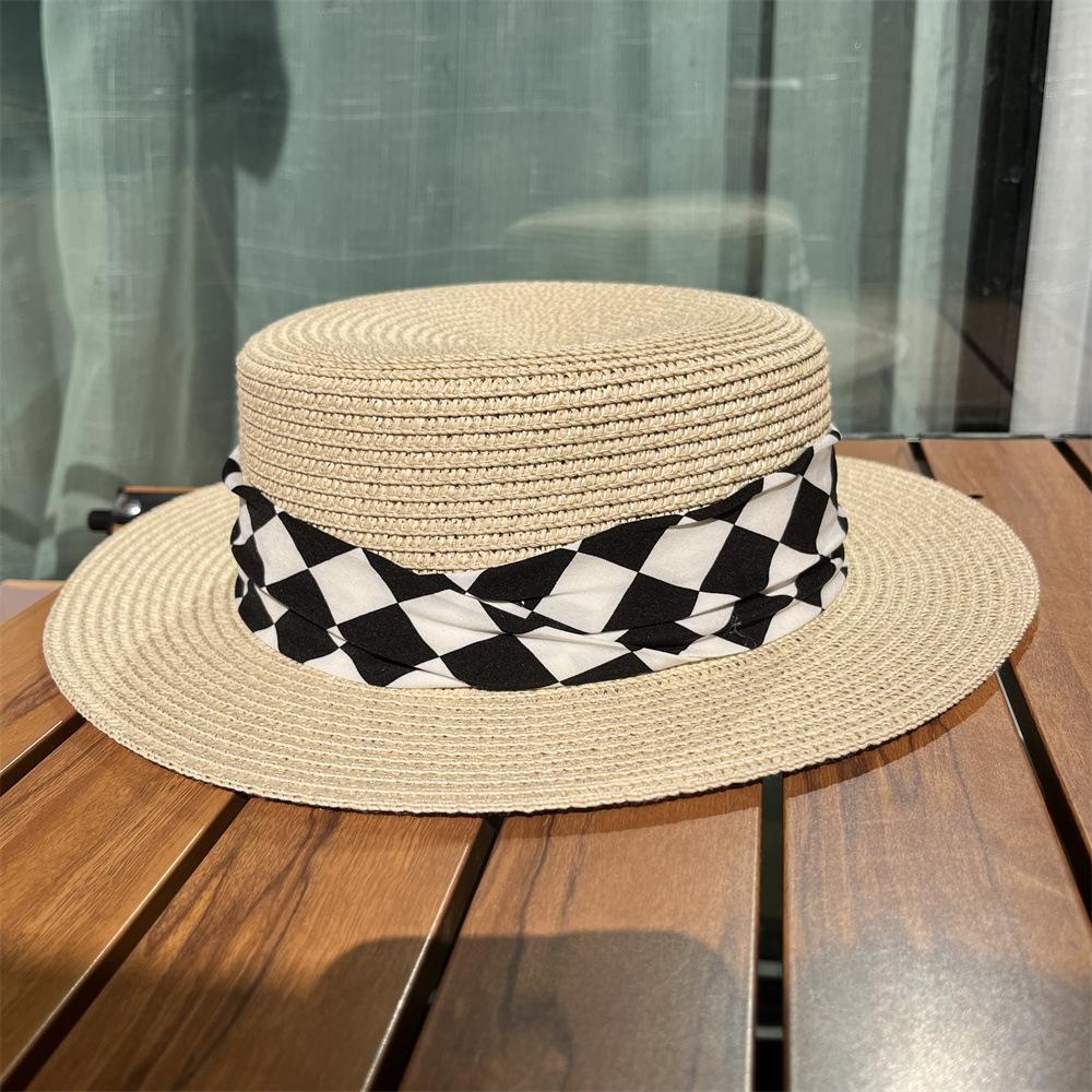 Hat Women's Summer Vacation Rhombus Top Hat British Vintage Sunshade Sunscreen Seaside Beach Straw Hat