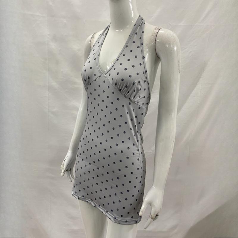 European and American Summer Polka Dot Backless V-neck Fashionable Hanging Neck Strap Design Waist Cinched Women's Vest Top