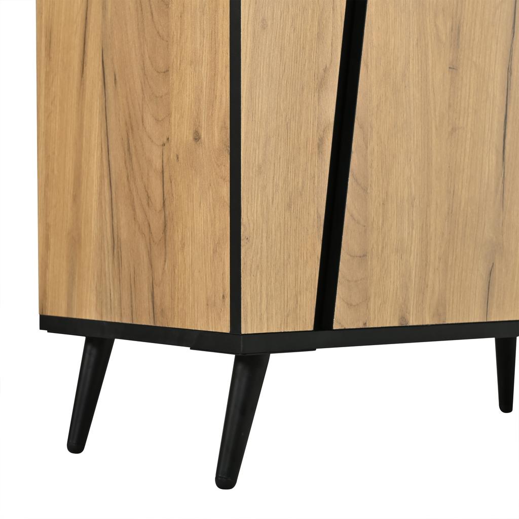 Storage Cabinet, Sideboard 2 Doors, Coffee Bar with 3 Drawers, Side Cabinet Living Room, Kitchen, Study, Natural Wood Color + Black, 120×40×70cm