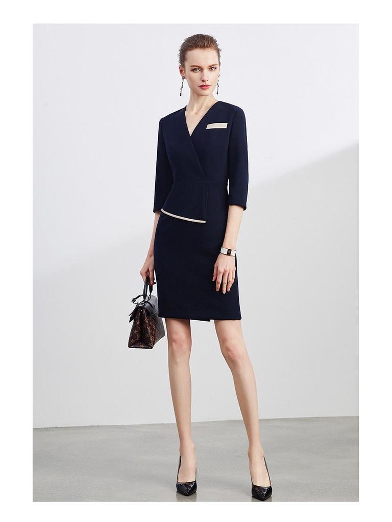 Formal Pleated V-Neck Slim Dress for Beauty Salon Receptionist