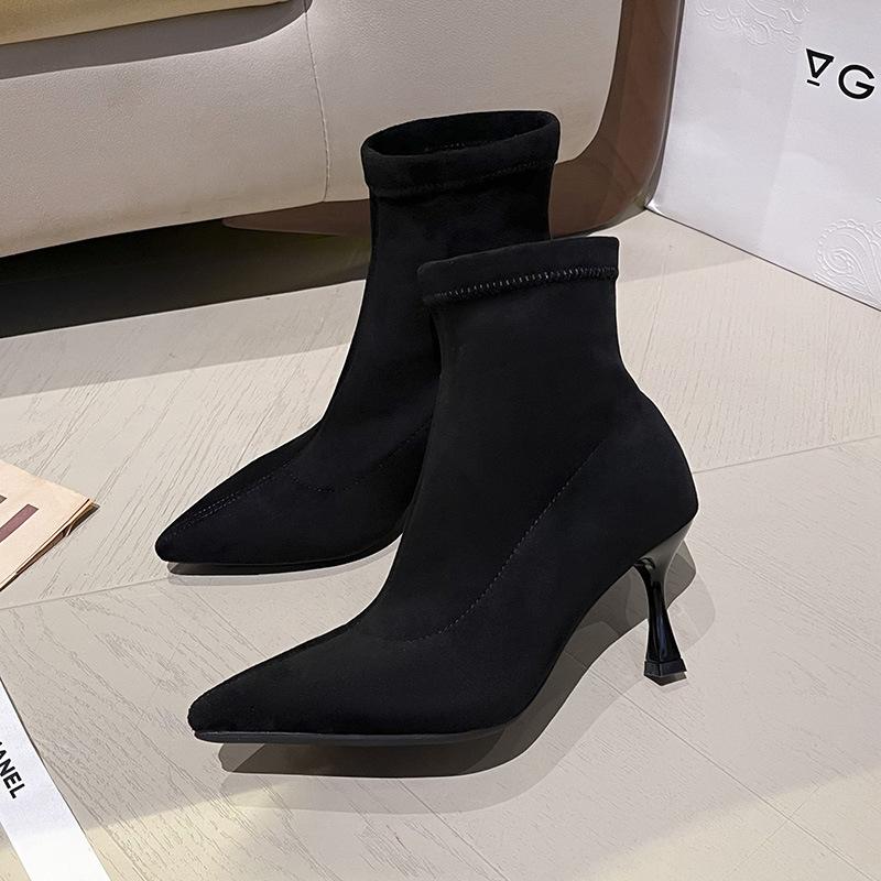 Fashion boots women's 7cm high heels autumn and winter new European and American pointed head thin heel thin boots suede elastic boots socks boots