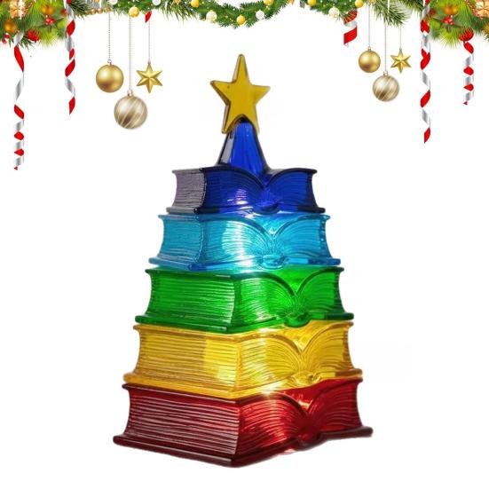 Multicolour Book Stack Ornament for Christmas Tree Stained Stacked Book Tree Shaped Suncatcher for Book Lovers Librarians Reader Bookworm Gifts