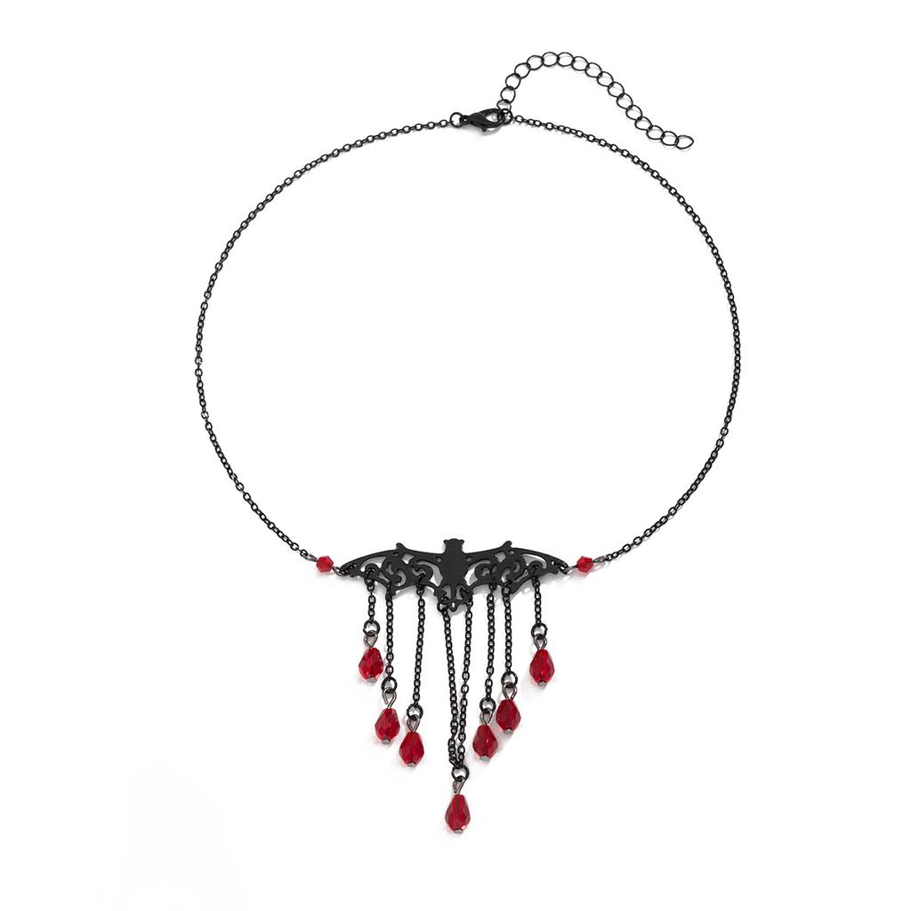 Creative Dark Halloween Bat Crystal Pendant Necklace, Sweet And Cool Fringed Chain Necklace For Women