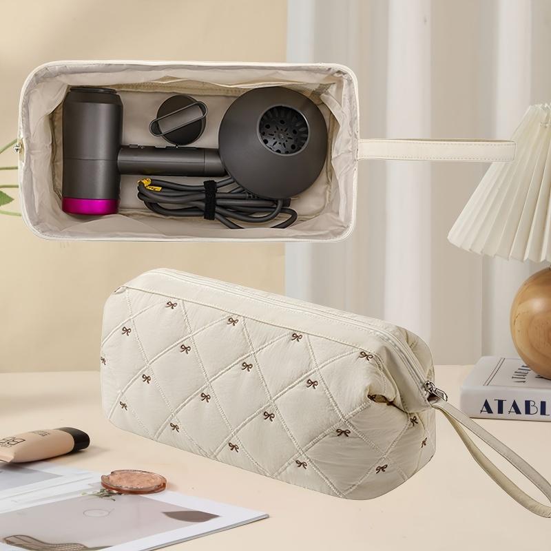 Hair Dryer Storage Bag For Travel Cute Bow Embroidery Quilted Hair Tools Waterproof Zipper Cosmetic Bags