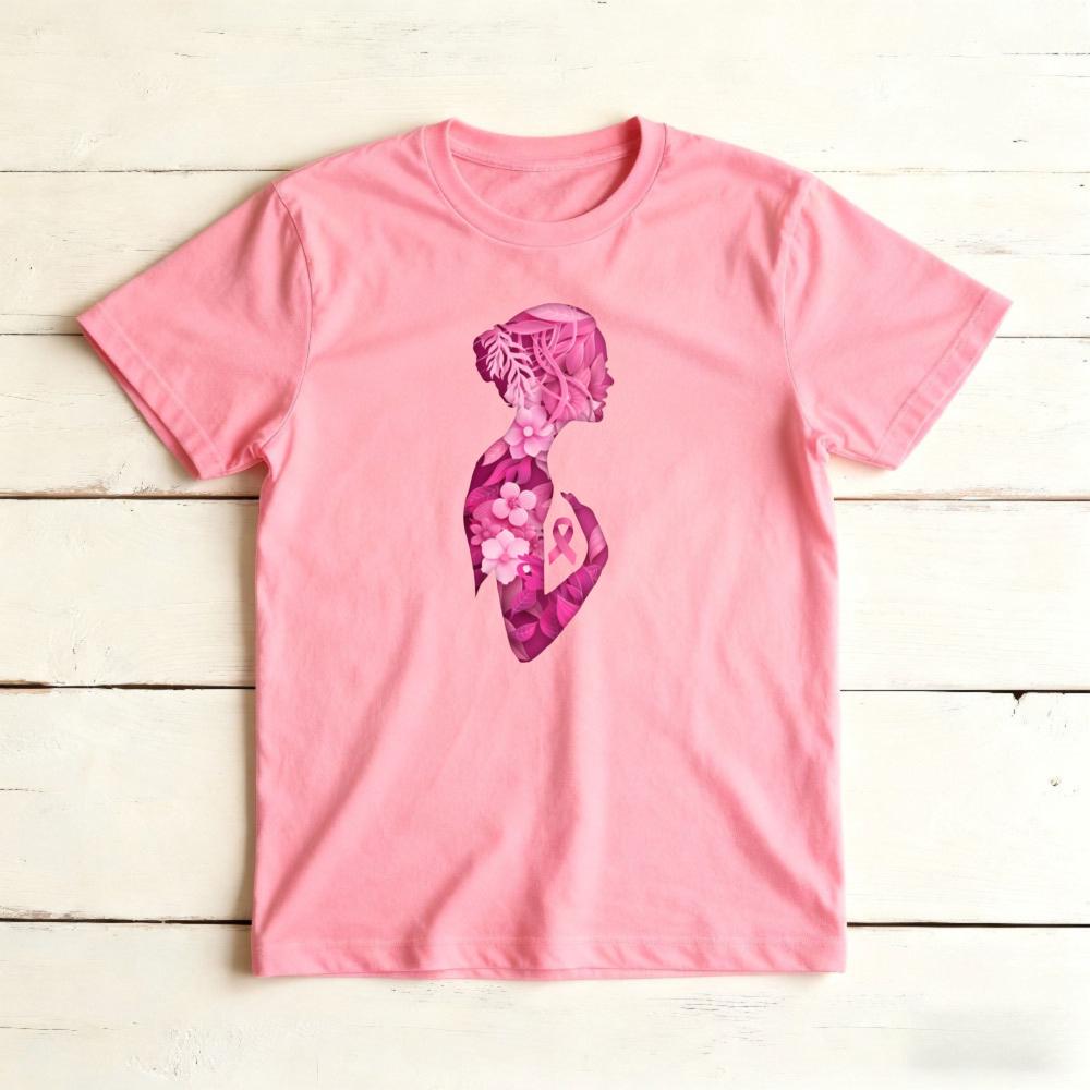 vFloral Silhouette Blackunisex Pink Ribbon Graphicunisex Summer Cotton T Shirt Inspirational Breast Cancer Short Sleeve Garment