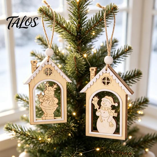 Rustic Christmas Garland Decor Wooden House Snowman/Reindeer Hanging Ornament, DIY Xmas Pendant with Farmhouse Hemp Rope for Home Window & Holiday