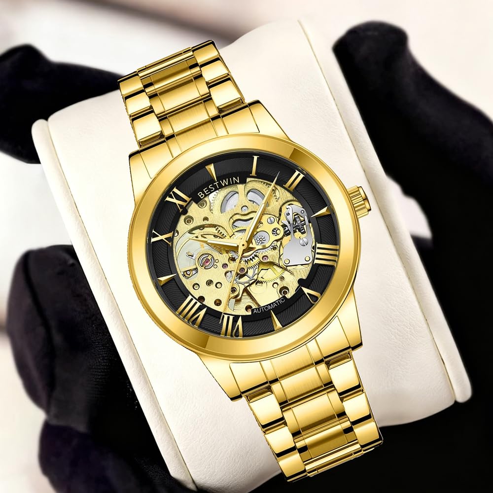 Men's Skeleton Automatic Watch Full Gold Stainless Steel Self Winding Mechanical Dress Watch with Hollow Transparent Dial