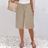 Women Elastic Drawstring Waist Bermuda Shorts Dual Flap Pocket Loose Fit Knee Length Pants