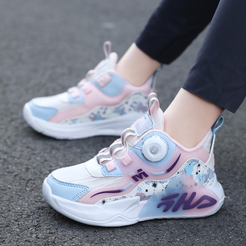 Autumn leather new children's sports shoes, boys and girls breathable rotating buckle sports running shoes shock absorption and non-slip