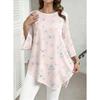 Plus Size, Plus Size Women Round Neck 3/4 Flared Sleeve Tunic Top, White Base Light Blue Floral Green Leaf Irregular Hem Casual Blouse