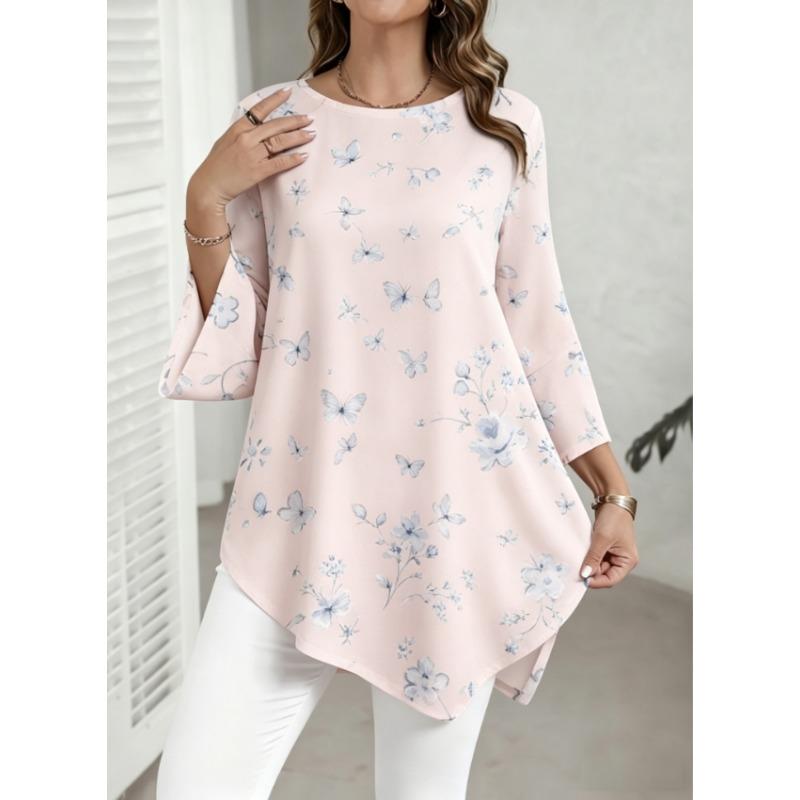 Plus Size, Plus Size Women Round Neck 3/4 Flared Sleeve Tunic Top, White Base Light Blue Floral Green Leaf Irregular Hem Casual Blouse
