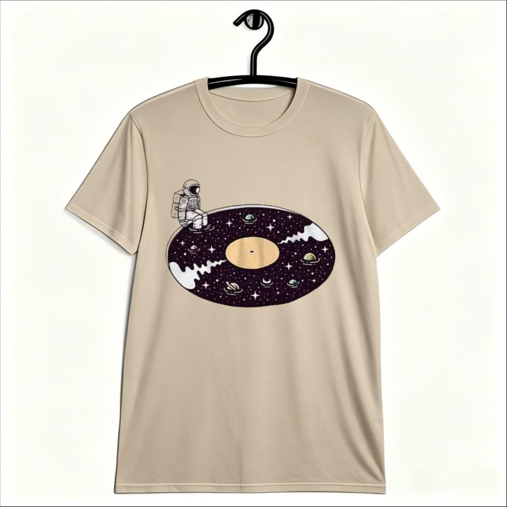 Astronaut On Space Vinyl Record Graphic TShirt Retro Astronaut Galaxy Vinyl Record Print Shirt Unisex Crewneck Cotton Short Sleeve