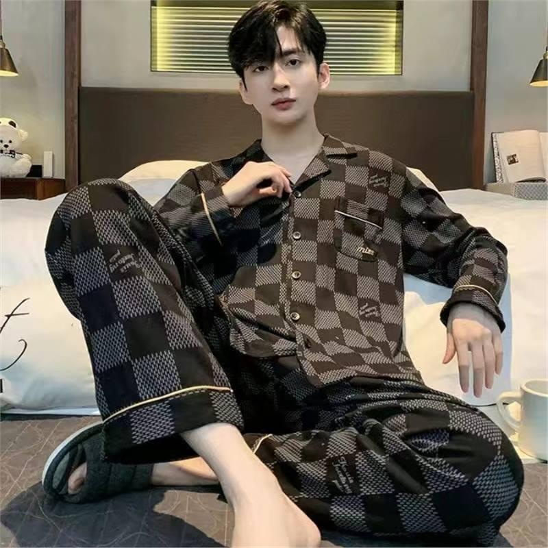 Men's Korean Style Cotton Cardigan Pajama Set - Long Sleeve & Pants for Spring & Autumn, Wearable Outdoors