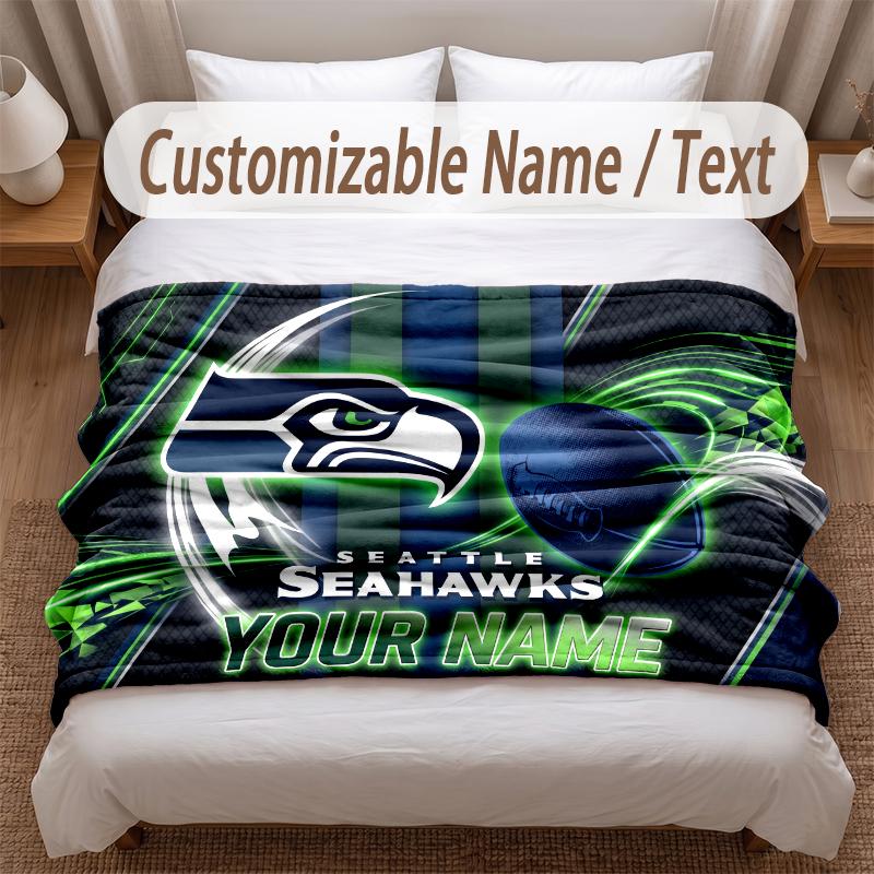 Seattle Seahawks Printed Flannel Blanket Custom Name Text Soft Warm Throw For Bedroom Holiday Gift