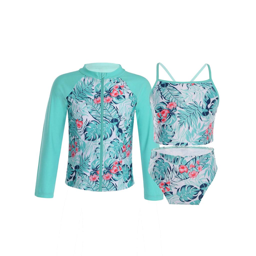 Girls 3 Piece Swim Set Sleeveless Top Briefs Long Sleeve Coat Front Zipper Sun Protection Beach Swimwear