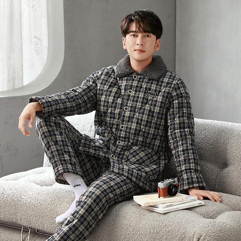 Three-Layer Padded Pajamas Men'S Winter Thickened And Velvet Woven Pure Cotton Warm Padded Jacket Anti-Static Loungewear Set