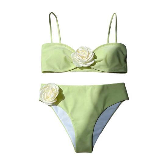 2Pcs/Set Women Bikini Set 3D Flower Decor Adjustable Straps Tube Top Bikini Bra High Waist Swimming Trunks Set Beach Swimwear