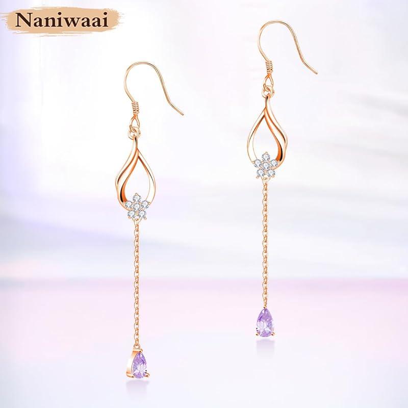 Naniwaai Earrings Ladies Popularity June Birthstone Hook Sway Cherry Blossoms Silver Compatible with Metal Allergies Cute Long Woman Flower Present