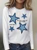 Fall Winter Hip Hop Blue Star Print T Shirt Women's Casual Long Sleeve T-Shirt Crew Neck Top Tee Tshirt