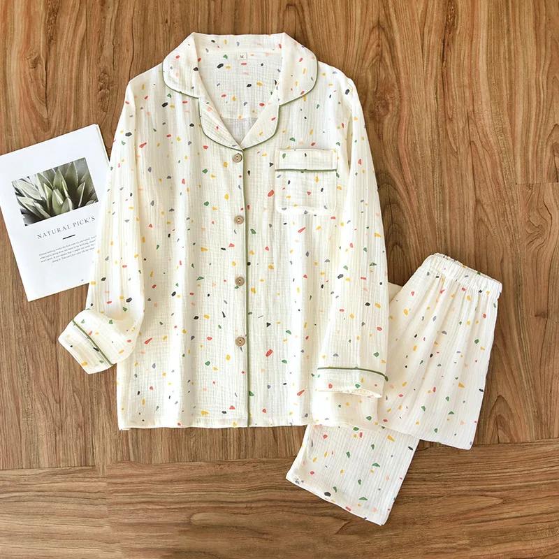 Neues Pyjama-Set für Damen, 100 % Baumwollkrepp, Blumenmuster, schlichtes, langärmeliges zweiteiliges Pyjama-Set