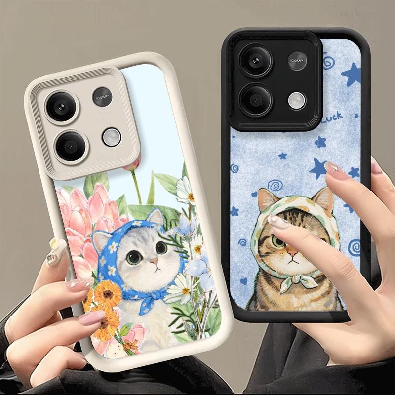 Cute Floral Headscarf Kitten Soft Phone Case for Xiaomi Poco X7 X6 X5 Pro X4 Gt X3 F7 Ultra M8 M7 Redmi 15C 15 14C 13 13C 12 12C