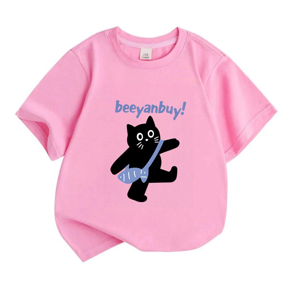 Kids Boys Girls 100% Cotton Crew Neck Short Sleeve T-Shirt, Casual Cute Black Cat Carrying Fish Bag Printed Soft Comfortable Tee Top for Daily Outdoor