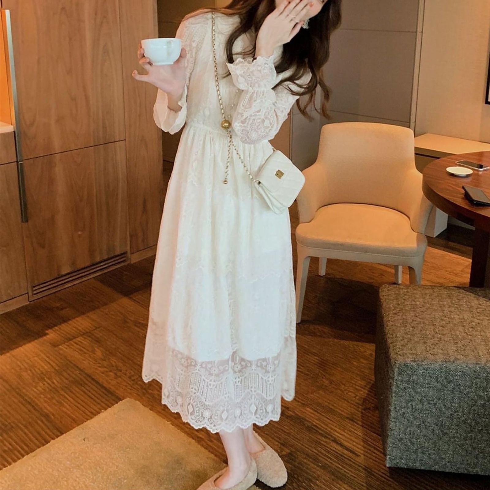 

Кружевное платье с длинными рукавами, новая облегающая талию юбка ранней осени, длинная полая юбка с v-образным вырезом для женщин S белый