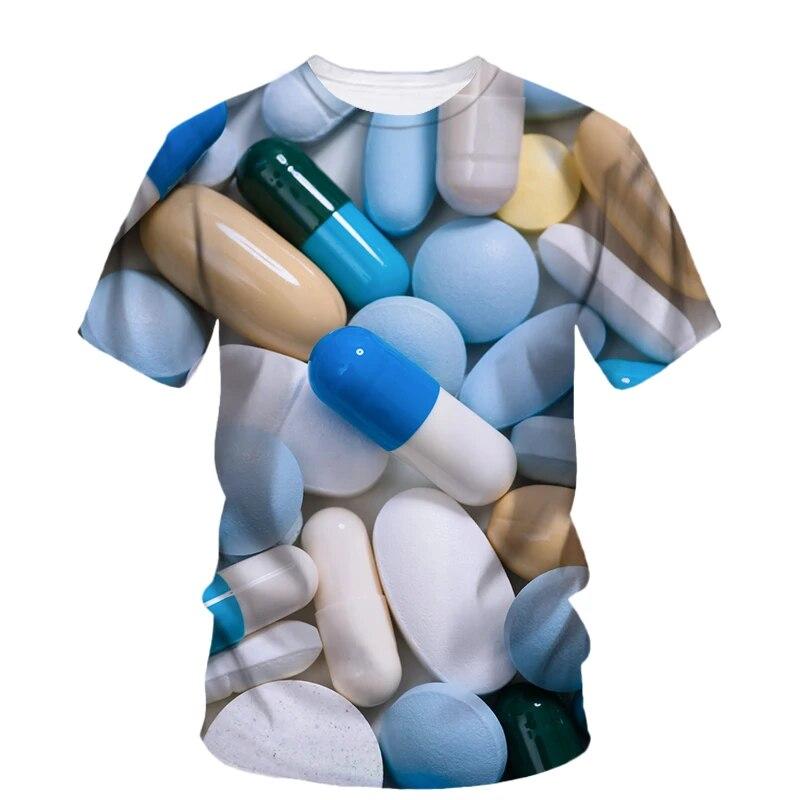 Modne nowe, oryginalność Pill Graphic T-shirty dla mężczyzn Casual Artystyczny trend osobowości Zabawne drukowane koszulki z krótkim rękawem i okrągłym dekoltem