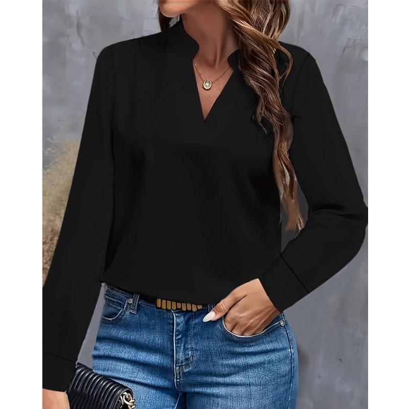 Blusas y camisas de manga larga con cuello en V y estampado de color sólido informal a la moda para mujer