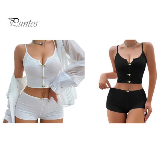 Dámský 2dílný pyžamový set Letní sexy Crop Cami Top a šortky Set ležérní žebrované spací prádlo s květinovou výzdobou