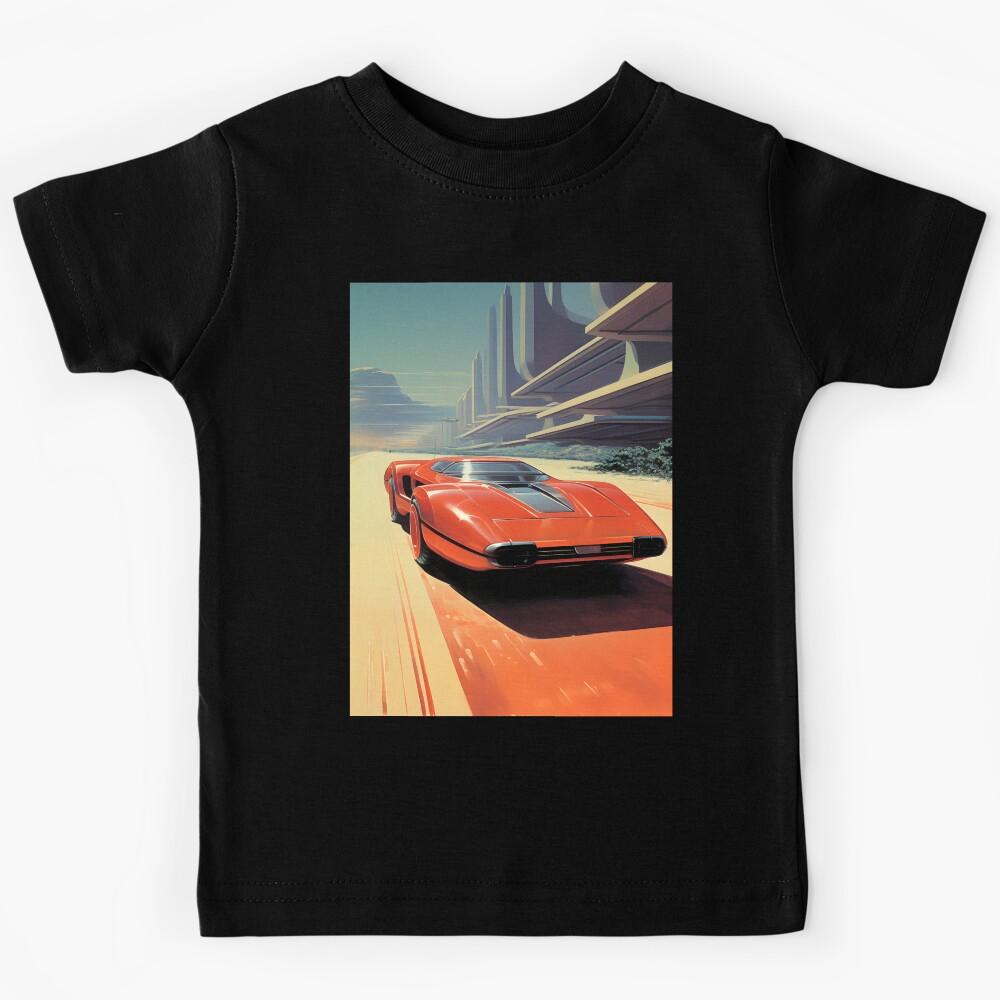 Red Color Retro Futuristic Sports Car and an Extraterrestrial Desert Landscape at Evening with Sunset Sky Kids T-Shirt 150