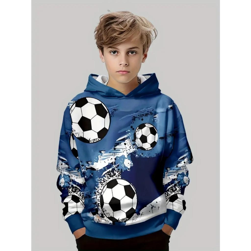 Jungen 3D Fußball Harajuku Print Hoodie Lässig Polyester Langarm, Leichter Stretch, Kapuzen-Outdoor-Sweatshirt zum Laufen