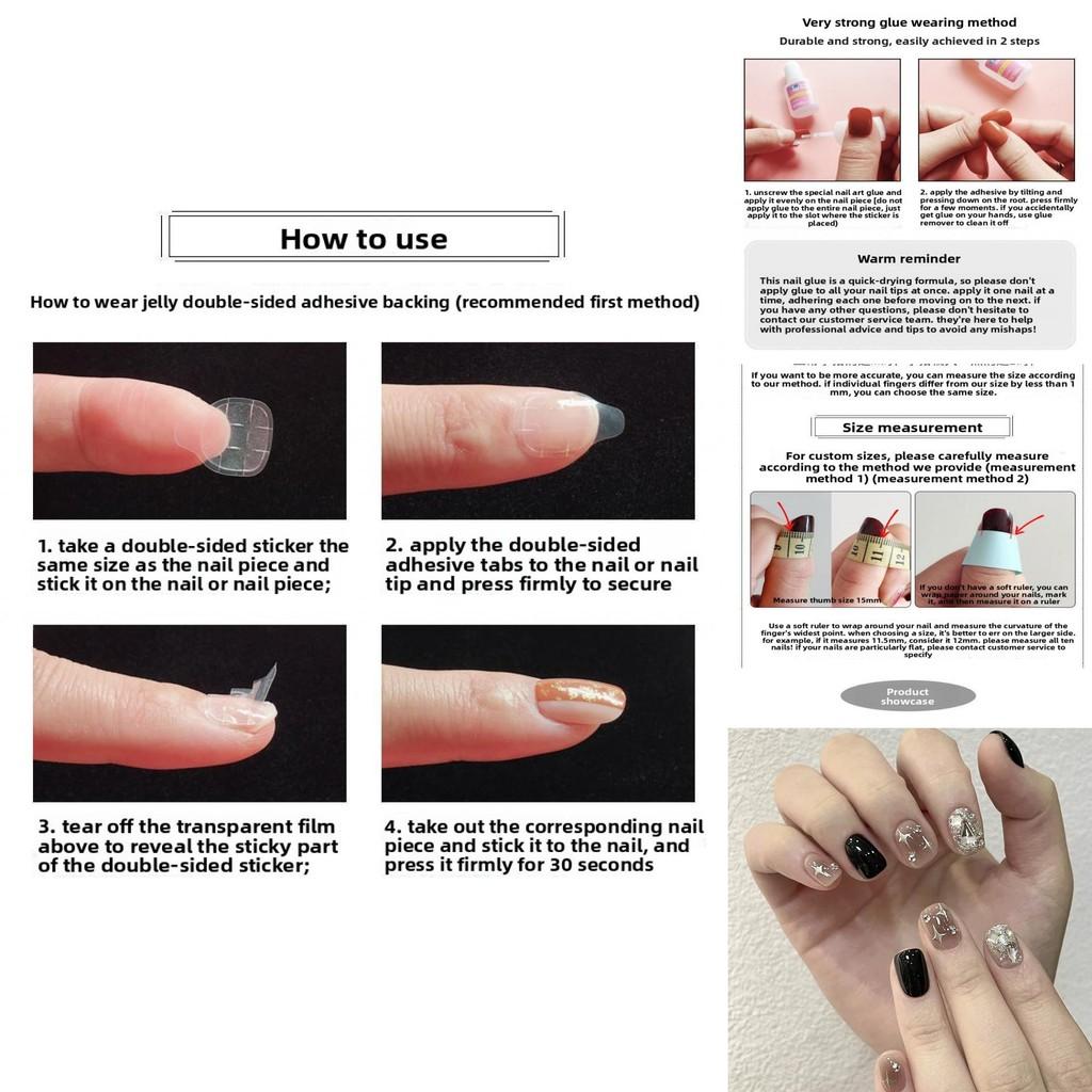 Fashionable Fake Nail Tips With Black Sparkling Water Diamoans And Star Design For Teen Girls And Students