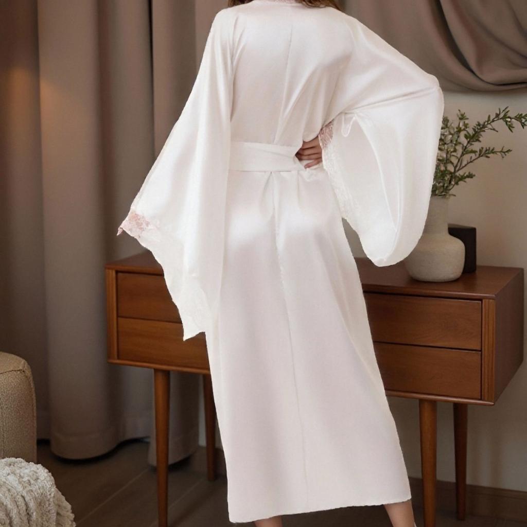 Sexy Bride Wedding Long Robe Dress Nightgown White Ice Silk Kimono Bathrobe Gown Elegant Lace Women's Sleepwear Loose Homewear