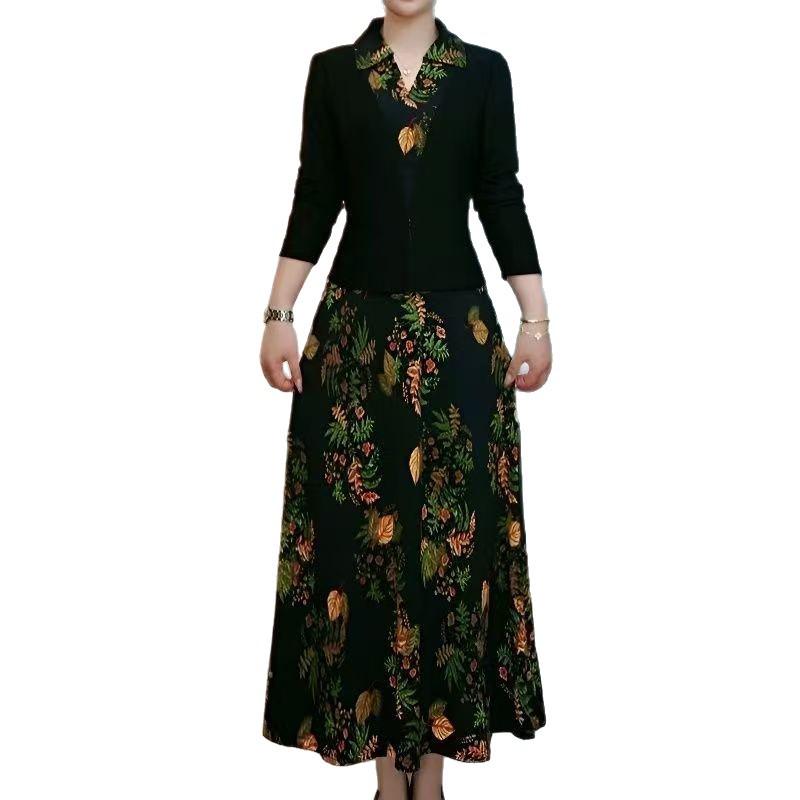 Elegant Chinese Style Long Sleeve Two-Piece Skirt Dress - Slimming & Age-Reducing